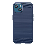 iPhone 14 Hoesje - MobyDefend TPU Backcover - Geborstelde Metaal &amp; Carbon-Look - Navy Blauw