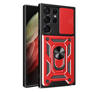 Samsung Galaxy S23 Ultra Hoesje - MobyDefend Pantsercase Met Draaibare Ring - Rood