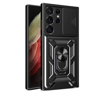 Samsung Galaxy S23 Ultra Hoesje - MobyDefend Pantsercase Met Draaibare Ring - Zwart