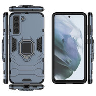 Samsung Galaxy S21 FE Hoesje - MobyDefend Dubbelgelaagde Pantsercase Met Standaard - Navy blauw