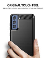 Samsung Galaxy S21 FE Hoesje - MobyDefend TPU Backcover - Geborstelde Metaal &amp; Carbon-Look - Navy Blauw