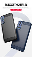 Samsung Galaxy S21 FE Hoesje - MobyDefend TPU Backcover - Geborstelde Metaal &amp; Carbon-Look - Navy Blauw