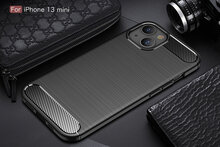 iPhone 13 Mini Hoesje - MobyDefend TPU Backcover - Geborstelde Metaal &amp; Carbon-Look - Zwart