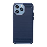 iPhone 14 Pro Max Hoesje - MobyDefend TPU Backcover - Geborstelde Metaal &amp; Carbon-Look - Navy Blauw