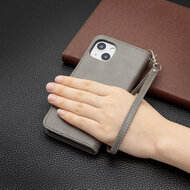 iPhone 13 Hoesje - MobyDefend Wallet Book Case Met Koord - Grijs