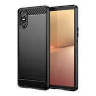 Sony Xperia 10 VI Hoesje - MobyDefend TPU Backcover - Geborstelde Metaal &amp; Carbon-Look - Zwart
