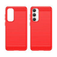 Samsung Galaxy S23 FE Hoesje - MobyDefend TPU Backcover - Geborstelde Metaal &amp; Carbon-Look - Rood