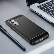 Samsung Galaxy S23 FE Hoesje - MobyDefend TPU Backcover - Geborstelde Metaal &amp; Carbon-Look - Zwart