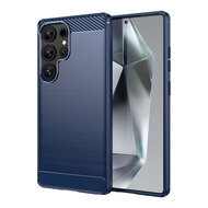 Samsung Galaxy S25 Ultra Hoesje - MobyDefend TPU Backcover - Geborstelde Metaal &amp; Carbon-Look - Blauw