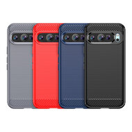 Google Pixel 9 / Pixel 9 Pro Hoesje - MobyDefend TPU Backcover - Geborstelde Metaal &amp; Carbon-Look - Zwart
