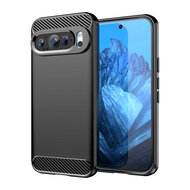 Google Pixel 9 / Pixel 9 Pro Hoesje - MobyDefend TPU Backcover - Geborstelde Metaal &amp; Carbon-Look - Zwart