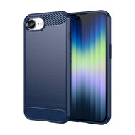 iPhone 16e Hoesje - MobyDefend TPU Backcover - Geborstelde Metaal &amp; Carbon-Look - Blauw