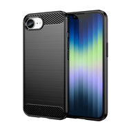 iPhone 16e Hoesje - MobyDefend TPU Backcover - Geborstelde Metaal &amp; Carbon-Look - Zwart