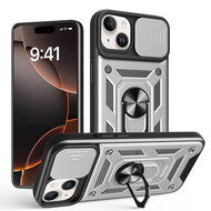 iPhone 16e Hoesje - MobyDefend Pantsercase Met Draaibare Ring - Zilvergrijs