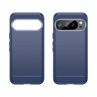 Google Pixel 10&nbsp;/&nbsp;Google Pixel 10 Pro Hoesje - MobyDefend TPU Backcover - Geborstelde Metaal &amp; Carbon-Look - Blauw