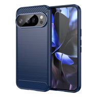 Google Pixel 10&nbsp;/&nbsp;Google Pixel 10 Pro Hoesje - MobyDefend TPU Backcover - Geborstelde Metaal &amp; Carbon-Look - Blauw