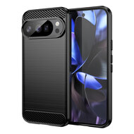 Google Pixel 10&nbsp;/&nbsp;Google Pixel 10 Pro Hoesje - MobyDefend TPU Backcover - Geborstelde Metaal &amp; Carbon-Look - Zwart