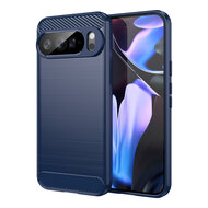 Google Pixel 10 Pro XL Hoesje - MobyDefend TPU Backcover - Geborstelde Metaal &amp; Carbon-Look - Blauw