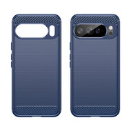 Google Pixel 10 Pro XL Hoesje - MobyDefend TPU Backcover - Geborstelde Metaal &amp; Carbon-Look - Blauw