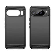 Google Pixel 10 Pro XL Hoesje - MobyDefend TPU Backcover - Geborstelde Metaal &amp; Carbon-Look - Zwart