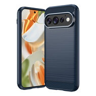Google Pixel 11 Hoesje - MobyDefend TPU Backcover - Geborstelde Metaal &amp; Carbon-Look - Blauw