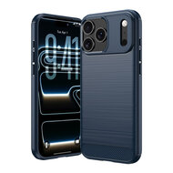 iPhone 18 Pro Max Hoesje - MobyDefend TPU Backcover - Geborstelde Metaal &amp; Carbon-Look - Blauw
