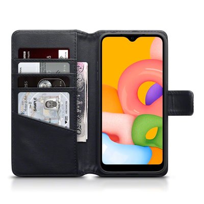 Samsung Galaxy A01 hoesje, MobyDefend luxe echt leren wallet bookcase, Zwart