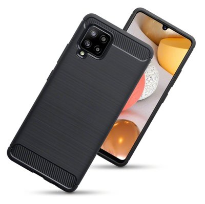 Samsung Galaxy A42 hoesje, MobyDefend TPU Gelcase, Geborsteld Metaal + Carbonlook, Zwart