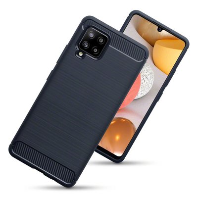 Samsung Galaxy A42 hoesje, MobyDefend TPU Gelcase, Geborsteld Metaal + Carbonlook, Navy blauw