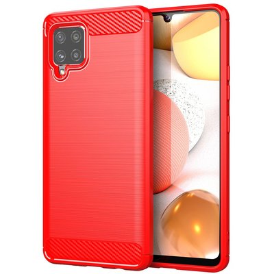 Samsung Galaxy A42 hoesje, MobyDefend TPU Gelcase, Geborsteld Metaal + Carbonlook, Rood