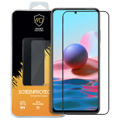 Xiaomi Redmi Note 10 / Note 10S screenprotector, MobyDefend gehard glas screensaver, Zwarte randen