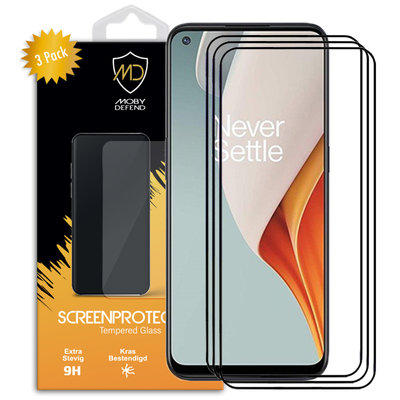 3-Pack OnePlus Nord N100 screenprotectors, MobyDefend gehard glas screensavers, Zwarte randen