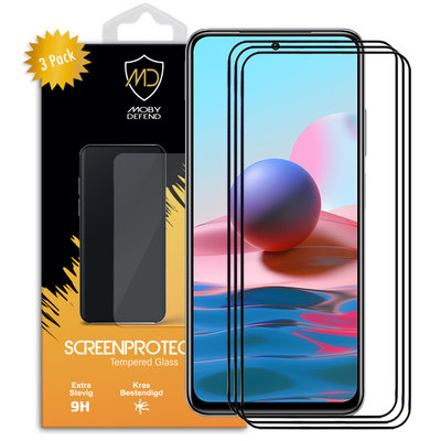 3-Pack Xiaomi Redmi Note 10 / Note 10S Screenprotectors, MobyDefend Gehard Glas Screensavers, Zwarte Randen