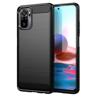Xiaomi Redmi Note 10 / Note 10S Hoesje, MobyDefend TPU Gelcase, Geborsteld Metaal + Carbonlook, Zwart