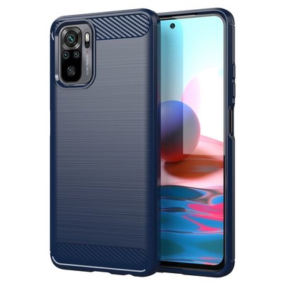 Xiaomi Redmi Note 10 / Note 10S Hoesje, MobyDefend TPU Gelcase, Geborsteld Metaal + Carbonlook, Navy Blauw