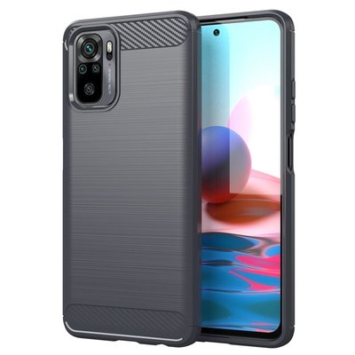 Xiaomi Redmi Note 10 / Note 10S Hoesje, MobyDefend TPU Gelcase, Geborsteld Metaal + Carbonlook, Grijs