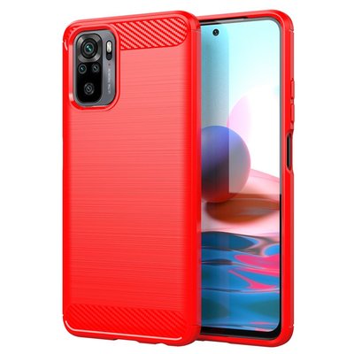 Xiaomi Redmi Note 10 / Note 10S Hoesje, MobyDefend TPU Gelcase, Geborsteld Metaal + Carbonlook, Rood