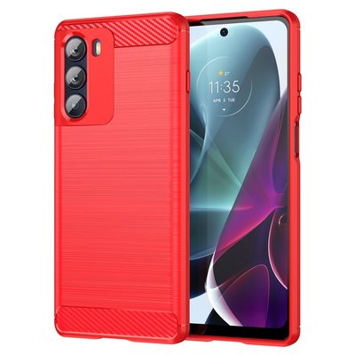 Motorola Moto G200 Hoesje, MobyDefend TPU Gelcase, Geborsteld Metaal + Carbonlook, Rood