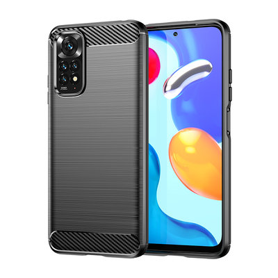Xiaomi Redmi Note 11 / Note 11S Hoesje, MobyDefend TPU Gelcase, Geborsteld Metaal + Carbonlook, Zwart