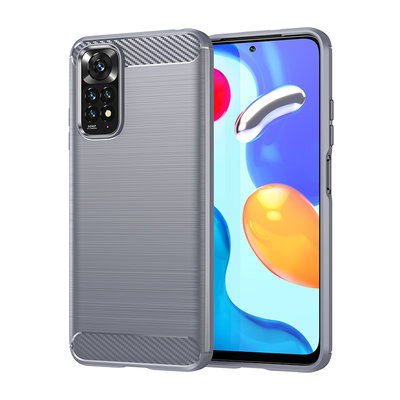 Xiaomi Redmi Note 11 / Note 11S Hoesje, MobyDefend TPU Gelcase, Geborsteld Metaal + Carbonlook, Grijs