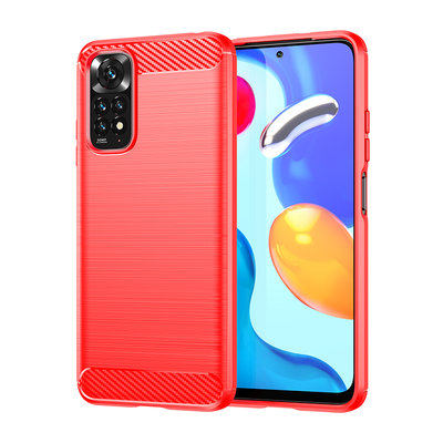Xiaomi Redmi Note 11 / Note 11S Hoesje, MobyDefend TPU Gelcase, Geborsteld Metaal + Carbonlook, Rood