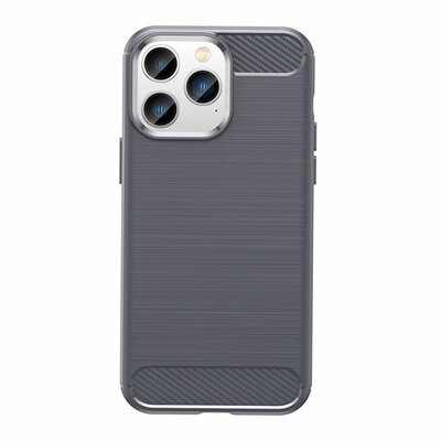iPhone 14 Pro Max Hoesje, MobyDefend TPU Gelcase, Geborsteld Metaal + Carbonlook, Grijs