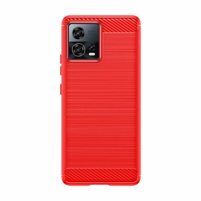 Motorola Edge 30 Fusion Hoesje, MobyDefend TPU Gelcase, Geborsteld Metaal + Carbonlook, Rood