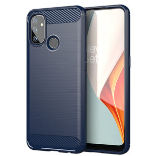 OnePlus Nord N100 hoesje, Gel case geborsteld metaal en carbonlook, Navy blauw