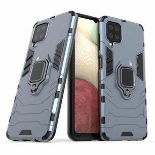 Samsung Galaxy A12 / M12 Hoesje - MobyDefend Dubbelgelaagde Pantsercase Met Standaard - Navy blauw