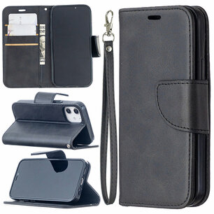 Apple iPhone 12 Mini hoesje, MobyDefend Wallet Book Case Met Koord, Zwart