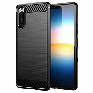 Sony Xperia 10 III hoesje, MobyDefend TPU Gelcase, Geborsteld Metaal + Carbonlook, Zwart