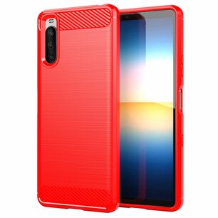 Sony Xperia 10 III hoesje, MobyDefend TPU Gelcase, Geborsteld Metaal + Carbonlook, Rood