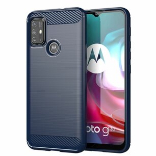 Motorola Moto G30 / G20 / G10 hoesje, MobyDefend TPU Gelcase, Geborsteld Metaal + Carbonlook, Navy blauw