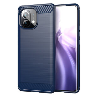 Xiaomi Mi 11 hoesje, MobyDefend TPU Gelcase, Geborsteld Metaal + Carbonlook, Navy blauw